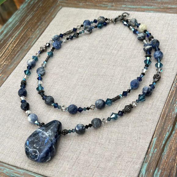 Sodalite Stone Pendant Crystal Beaded Double Strand Sterling Silver Necklace 11" - Picture 2 of 13